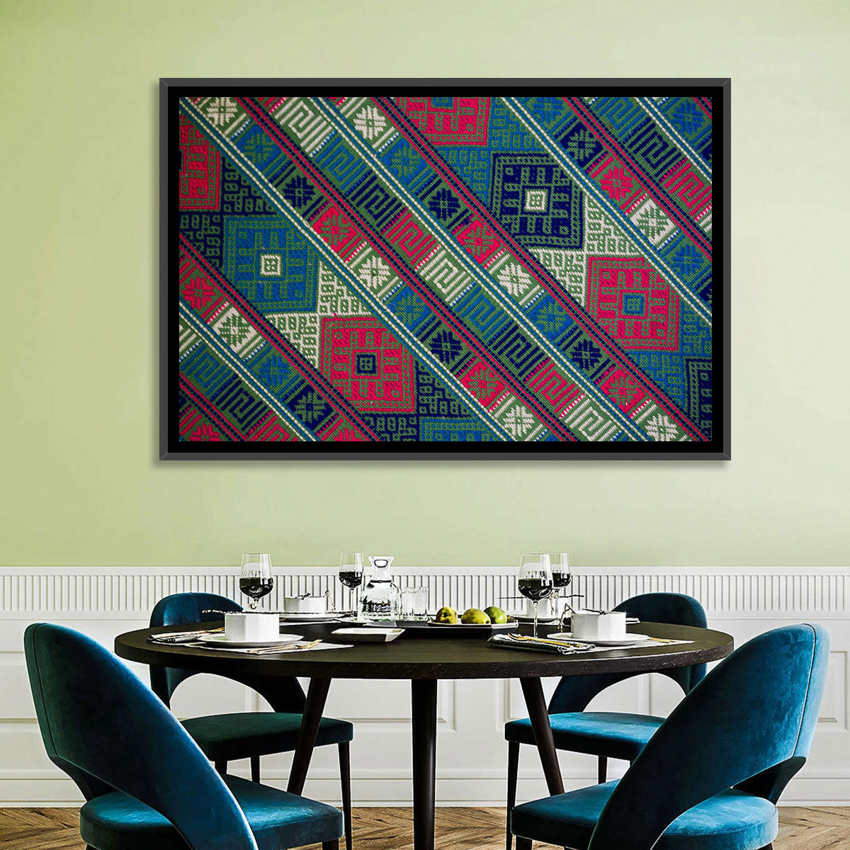 Handwoven Geometric Textile Wall Art in a room, landscape