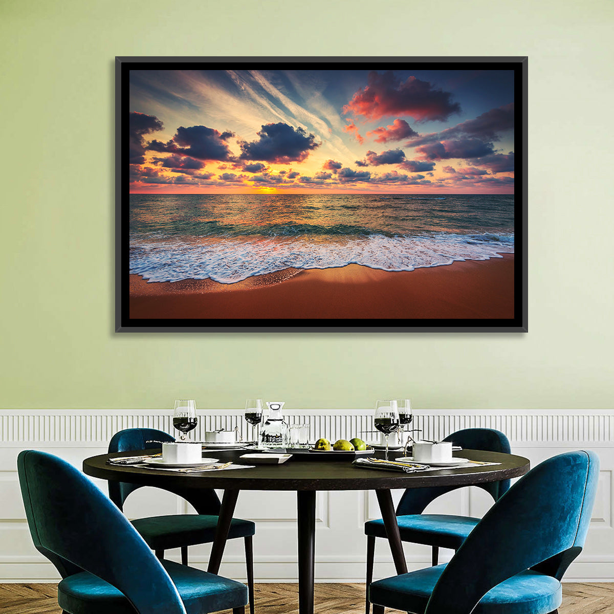 Golden Hour Beach Waves Under Cloudy Sky Wall Art