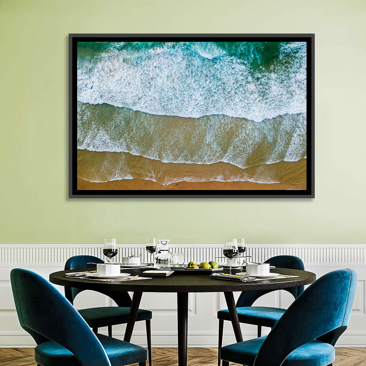 Aerial Teal Beach with Surfers Wall Art in a room, landscape