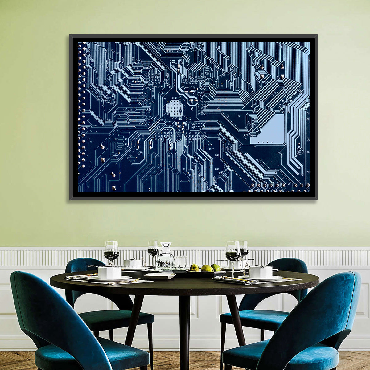 Blue Circuit Board Wall Art in a room, landscape