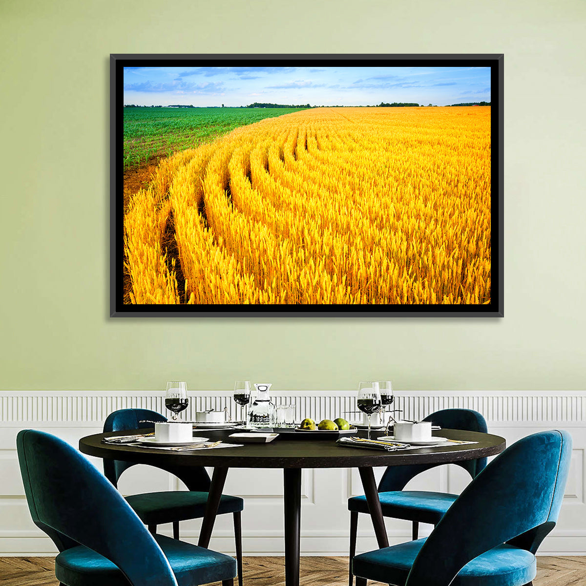Summer Wheat Field with Curved Paths Wall Art in a room, landscape