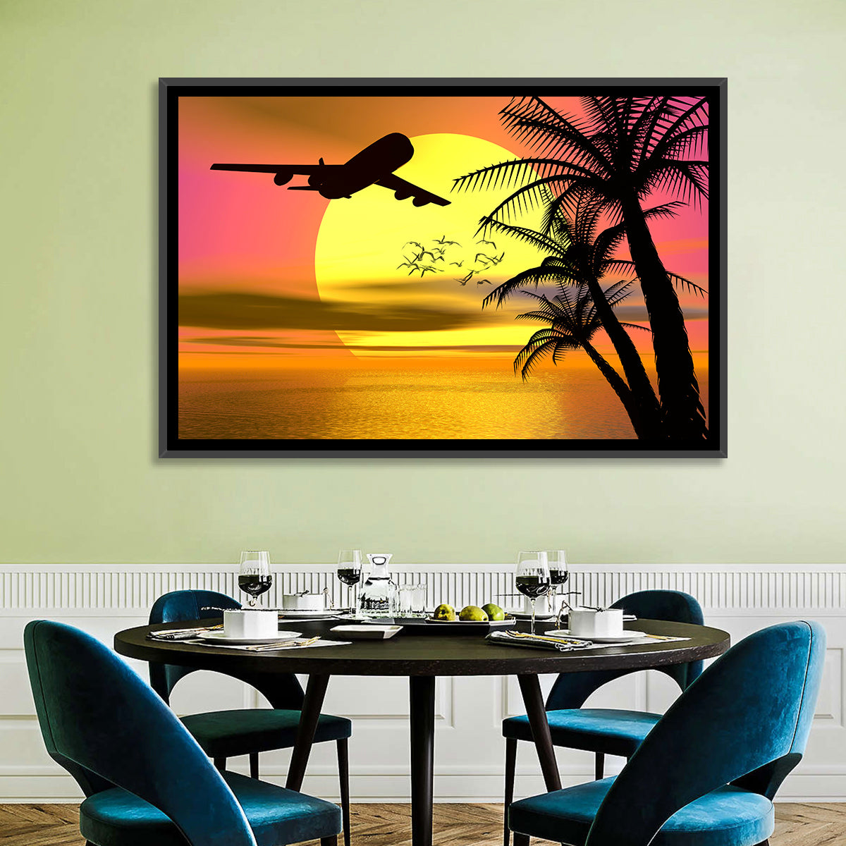 Wide-body Airplane Over Caribbean Dusk Wall Art in a room, landscape