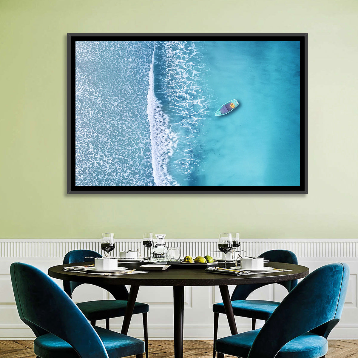 Lone Boat Over Turquoise Waves Wall Art in a room, landscape