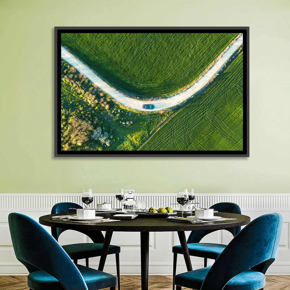 Aerial Farm Fields at Golden Hour Wall Art in a room, landscape