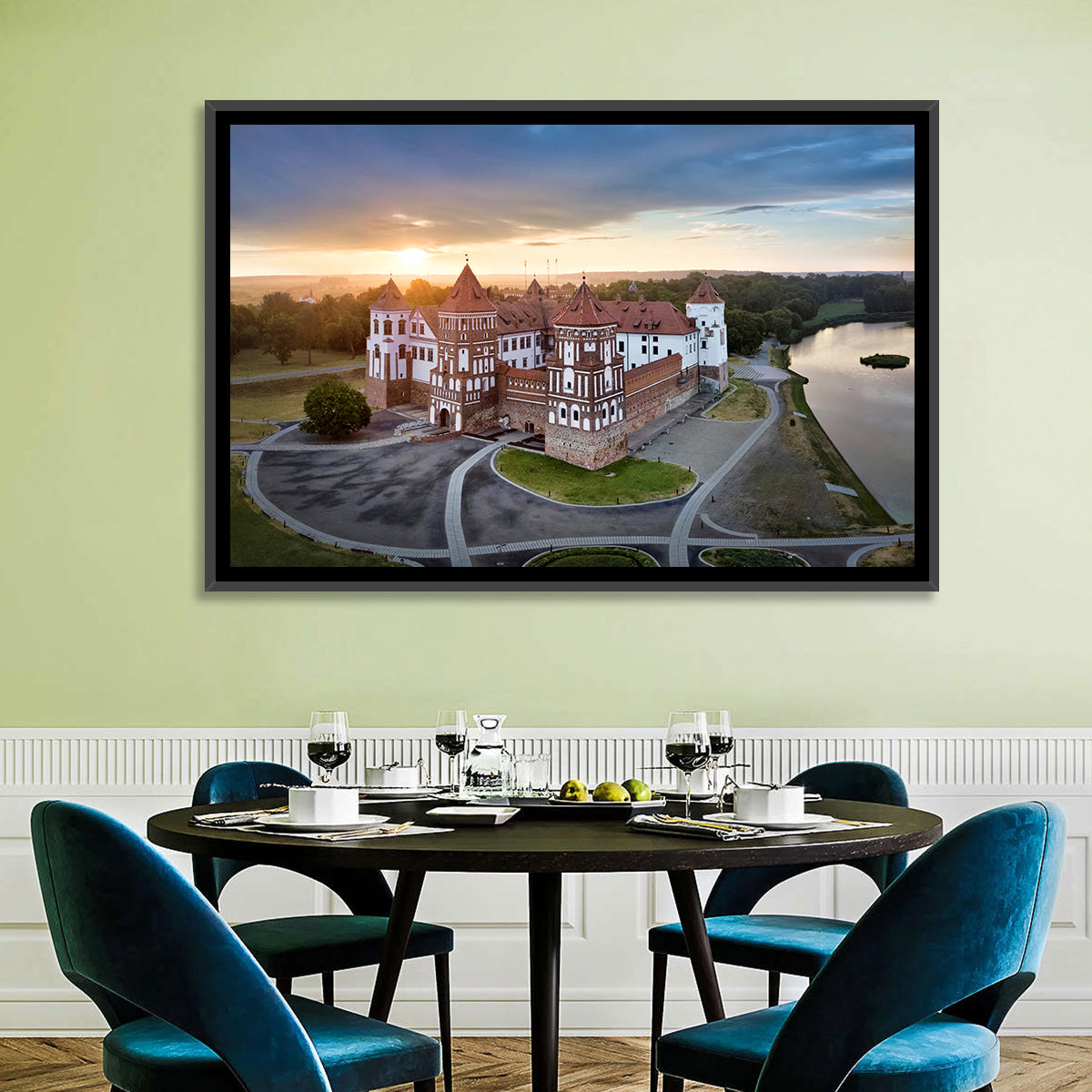 Mir Castle Sunrise Over Lake Wall Art in a room, landscape