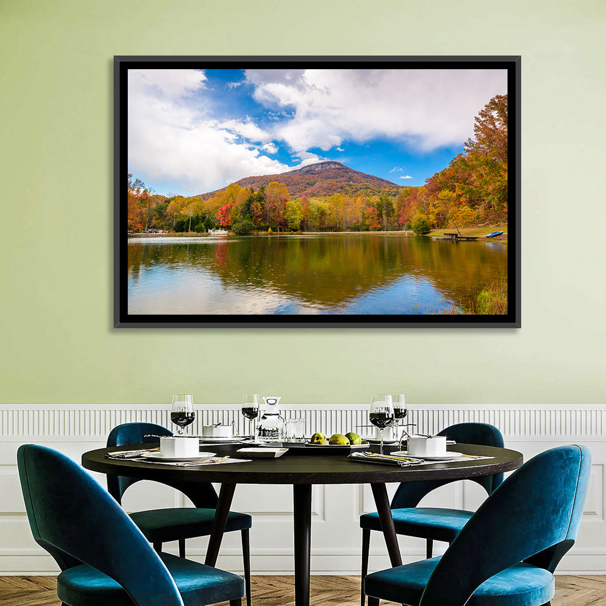 Yonah Mountain Autumn Reflection Wall Art in a room, landscape