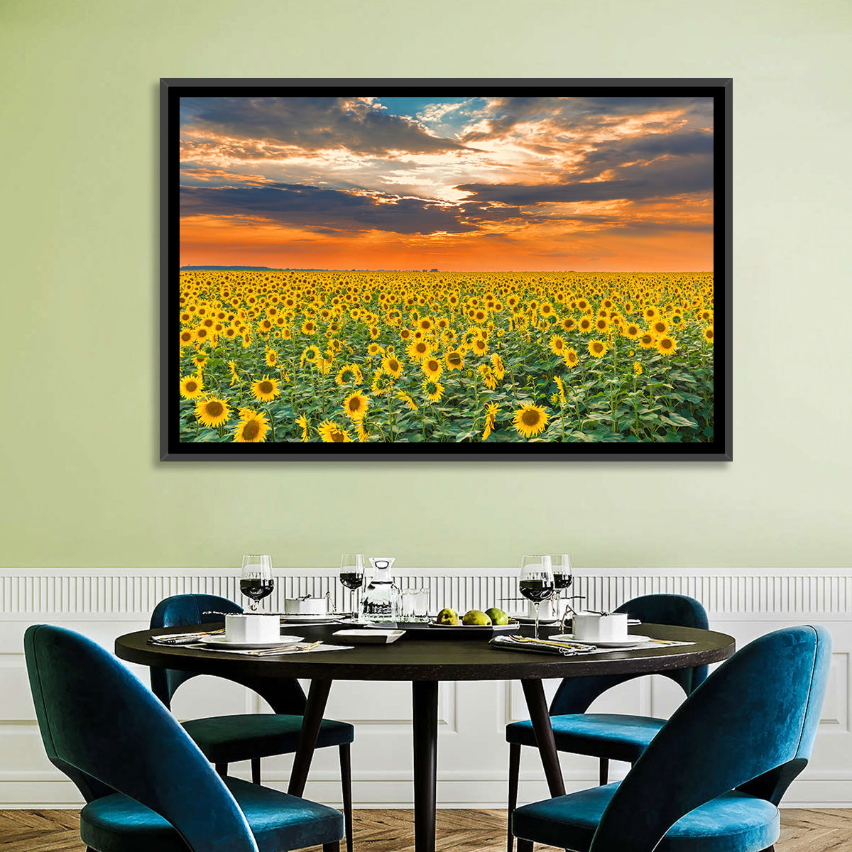 Golden Hour Sunflower Field Wall Art in a room, landscape