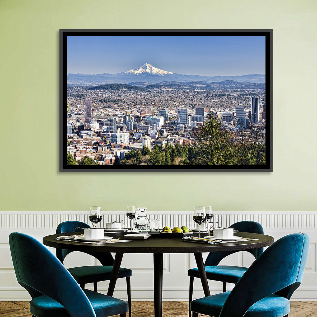 Portland Skyline with Mount Hood Wall Art in a room, landscape