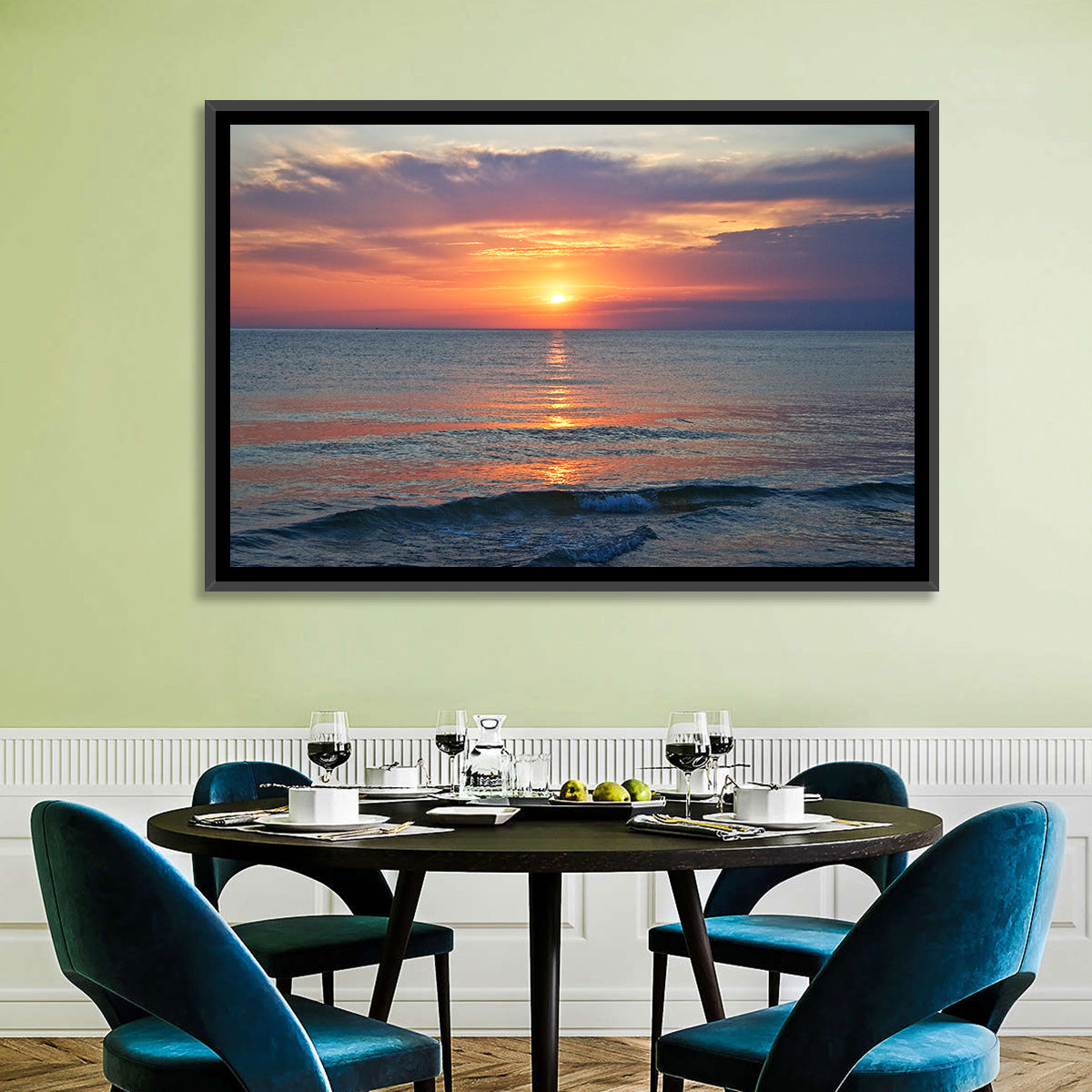 Lake Michigan Sunset Reflection Wall Art in a room, landscape