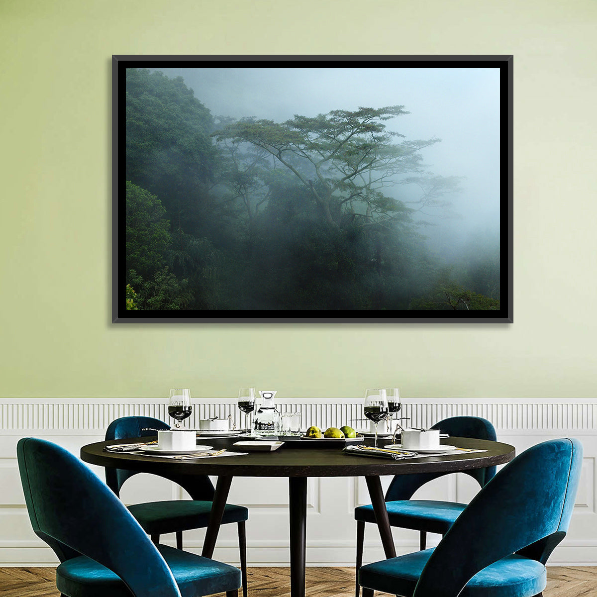 Misty Rainforest Canopy Wall Art in a room, landscape