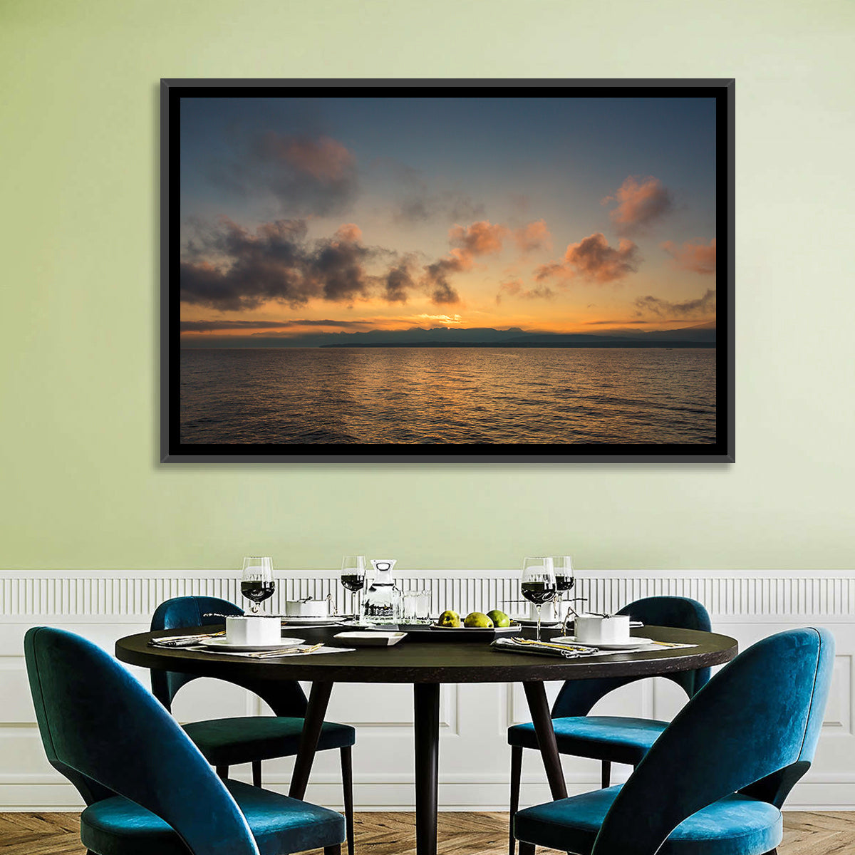 Lake Leman Golden Sunset Wall Art in a room, landscape