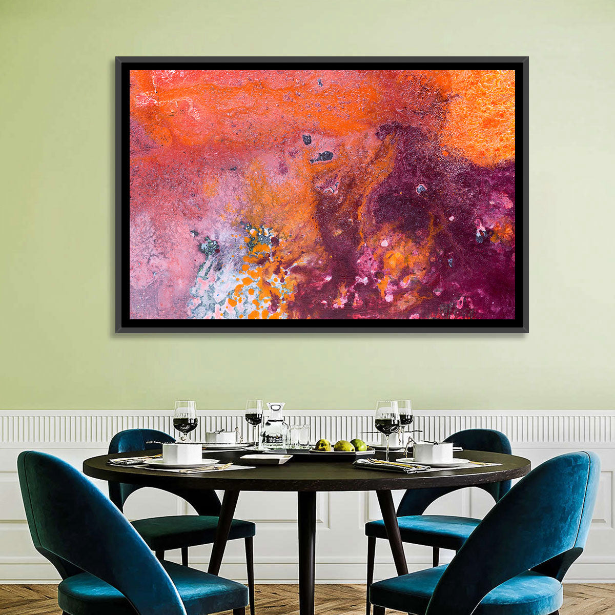 Magenta Orange Color Flow Wall Art in a room, landscape