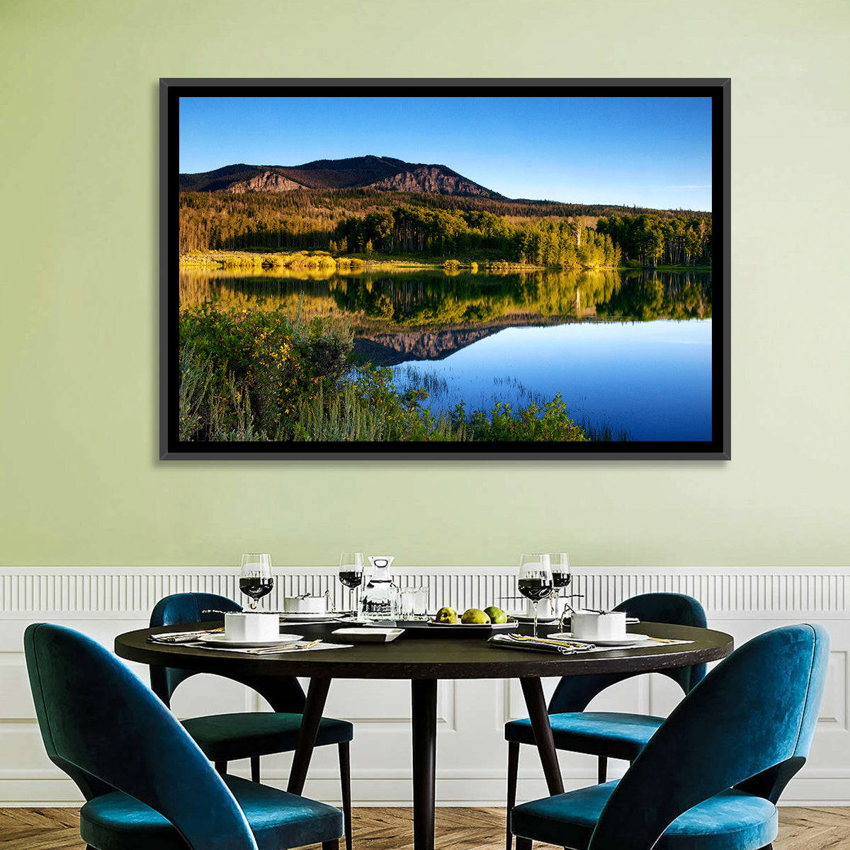 Golden Hour Mountain Lake Wall Art in a room, landscape