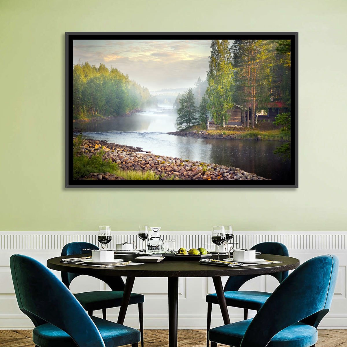 Misty River with Red Roof Cabin Wall Art