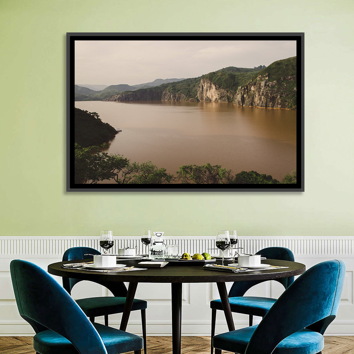 Lake Nyos Cliff View Wall Art in a room, landscape