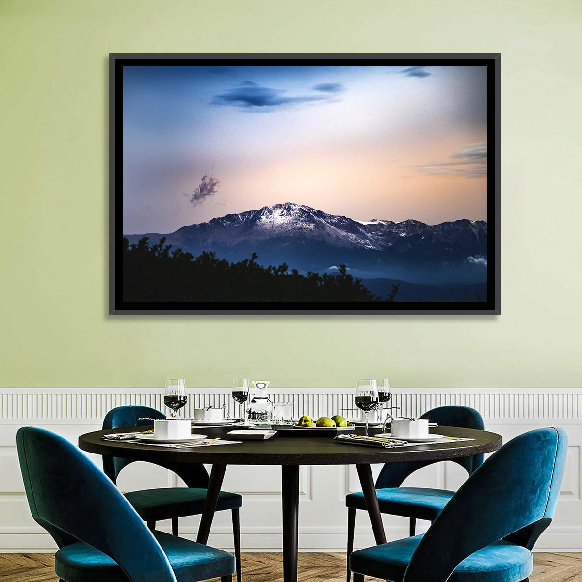 Snow-capped Pikes Peak at Dusk Wall Art in a room, landscape
