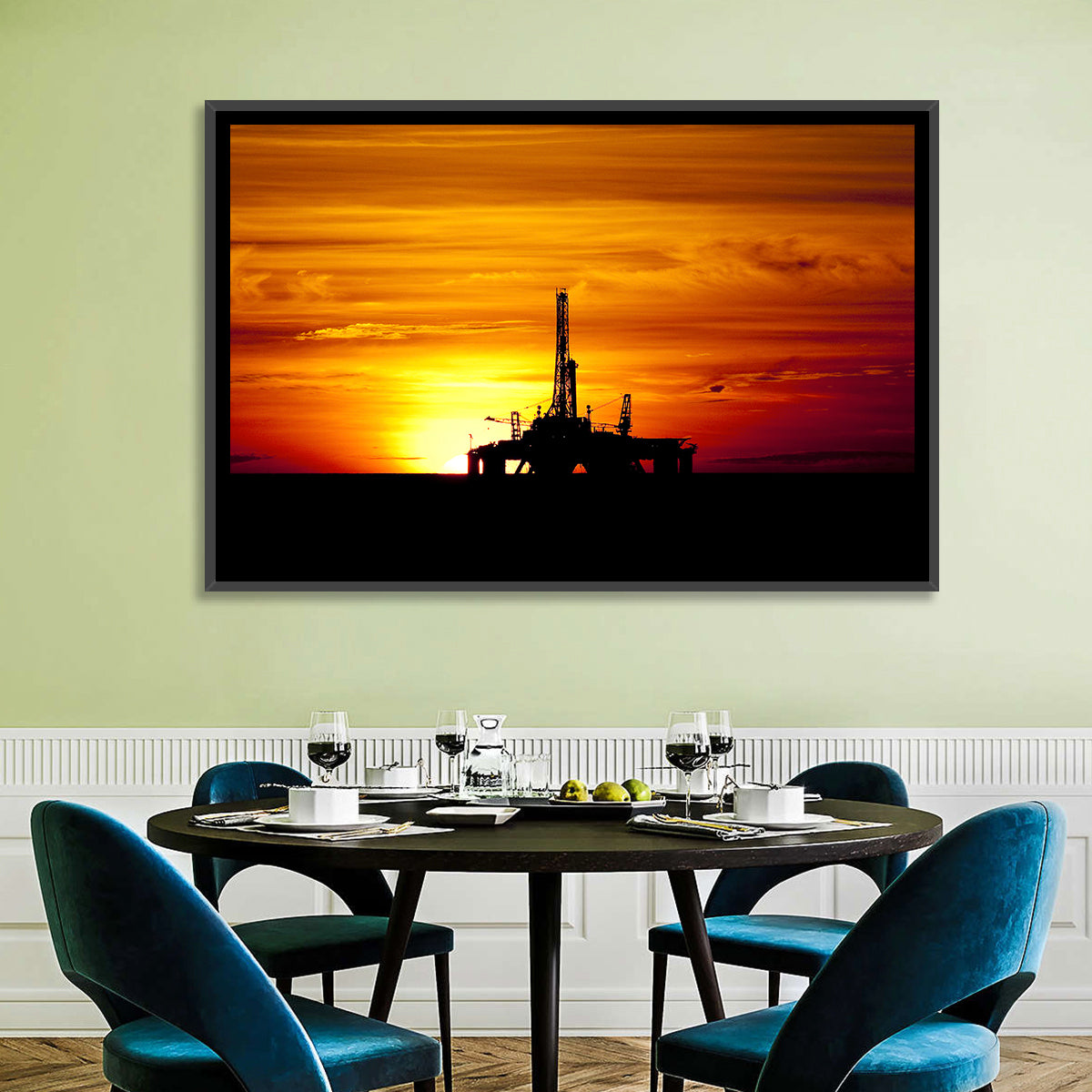 Offshore Oil Rig at Sunset Wall Art in a room, landscape