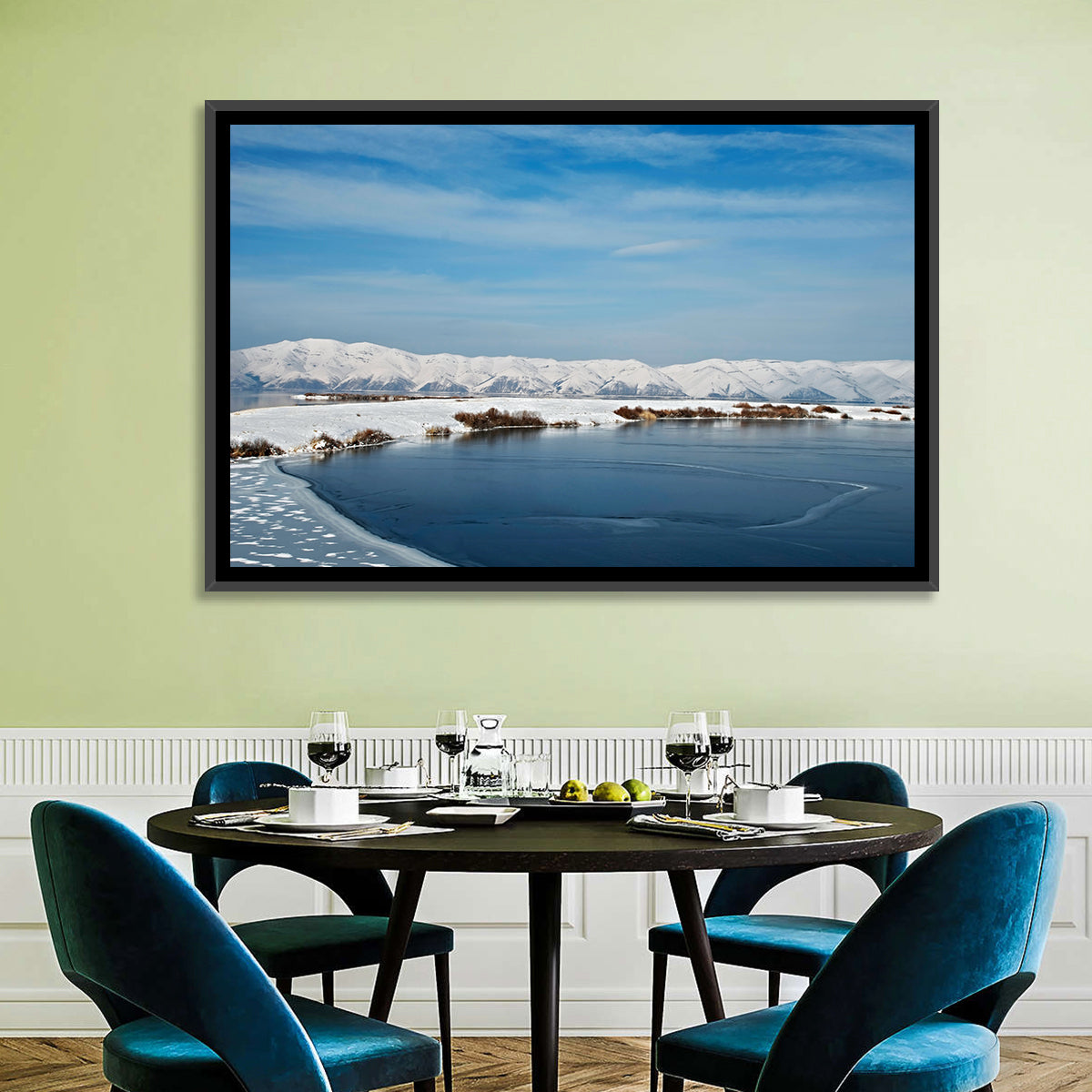 Lake Sevan Winter Landscape Wall Art in a room, landscape
