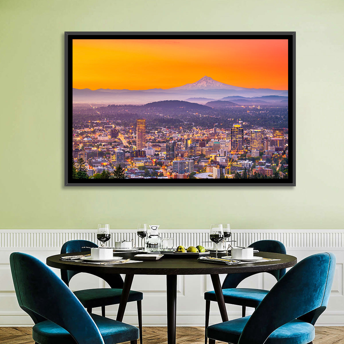 Mount Hood Over Portland Skyline Wall Art in a room, landscape
