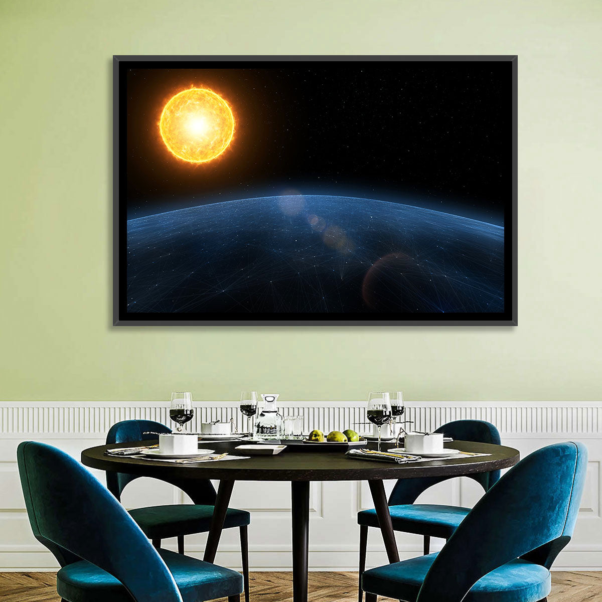 Alien Planet and Sun Wall Art in a room, landscape