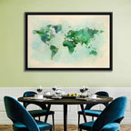 Green Watercolor World Map Wall Art