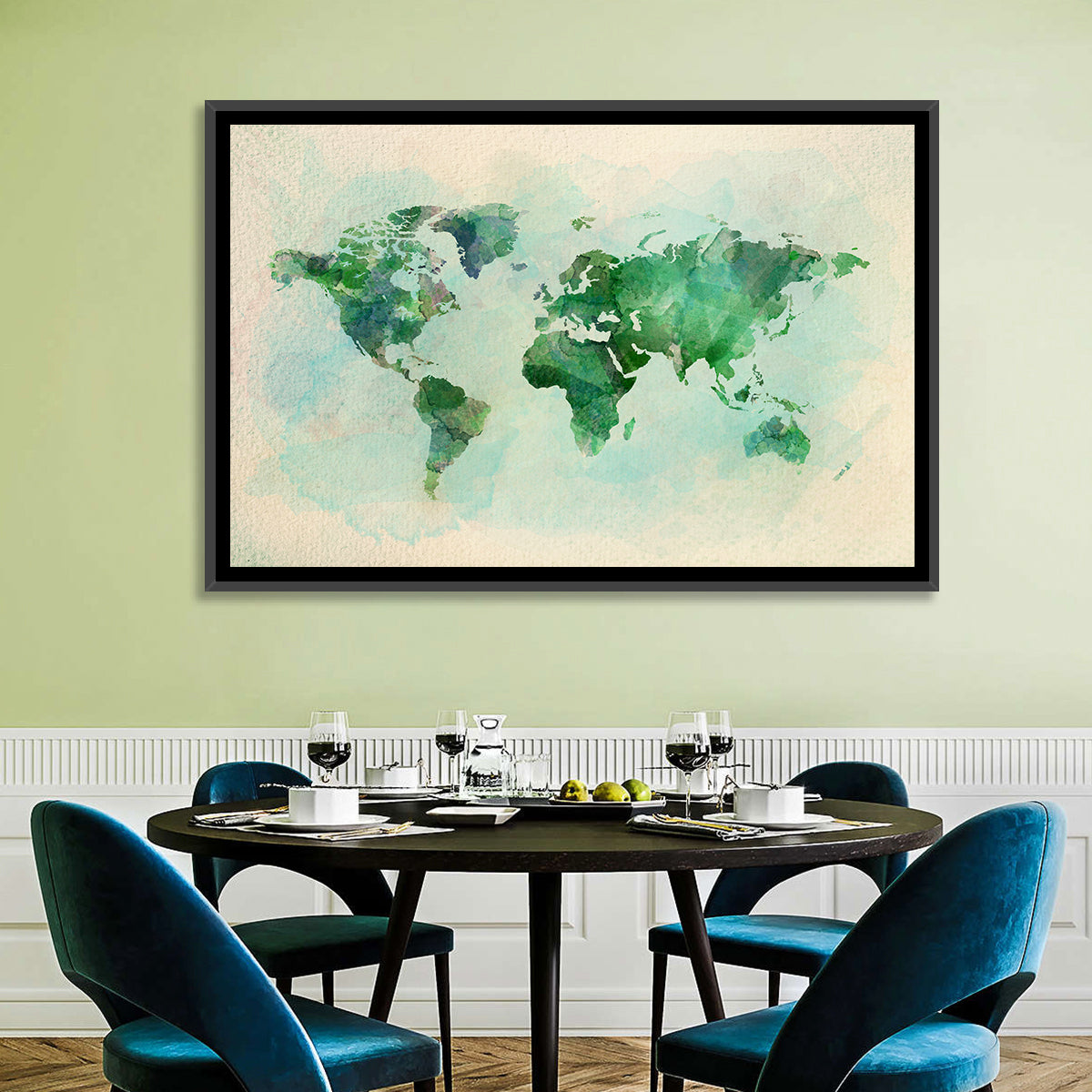Green Watercolor World Map Wall Art