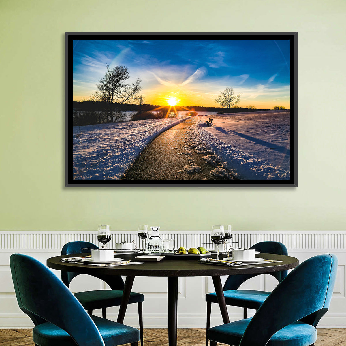 Lake Zorinsky Winter Sunrise Wall Art in a room, landscape