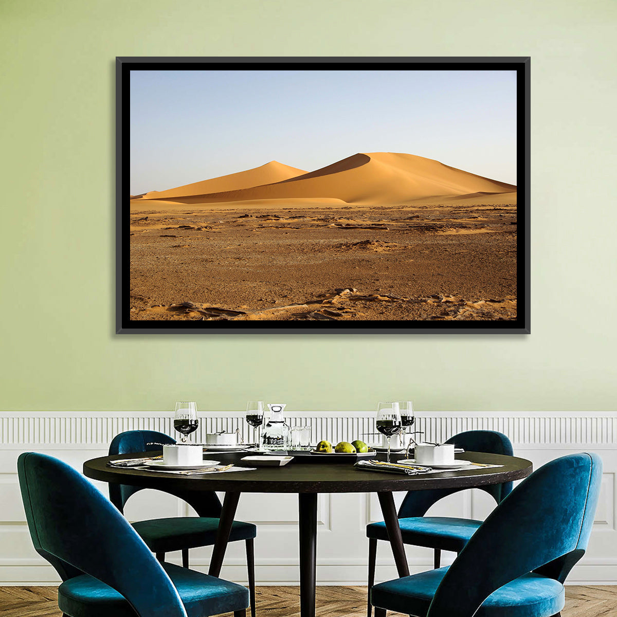 Golden Hour Desert Dunes Wall Art in a room, landscape