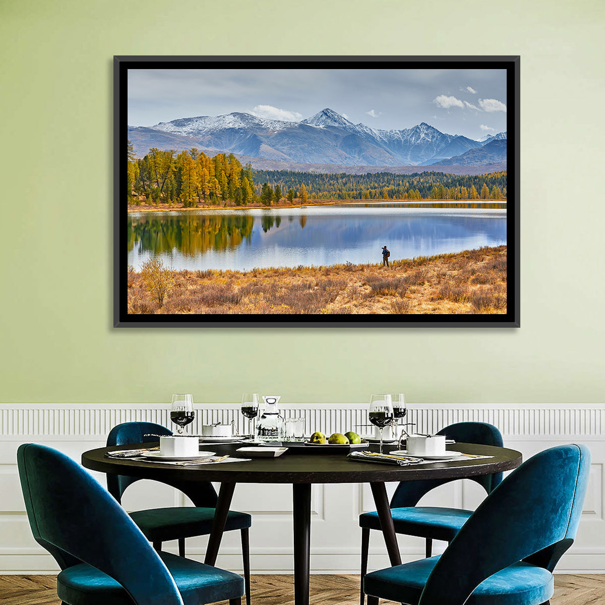 Autumn Mountain Lake Reflection Wall Art in a room, landscape
