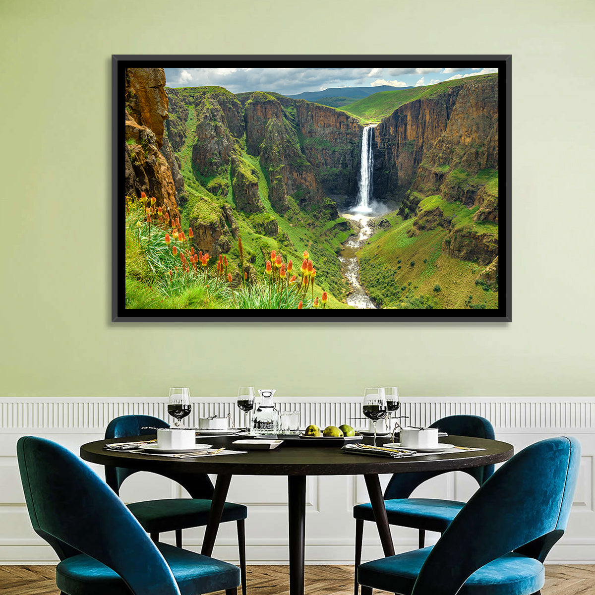 Maletsunyane Falls with Torch Lilies Wall Art in a room, landscape