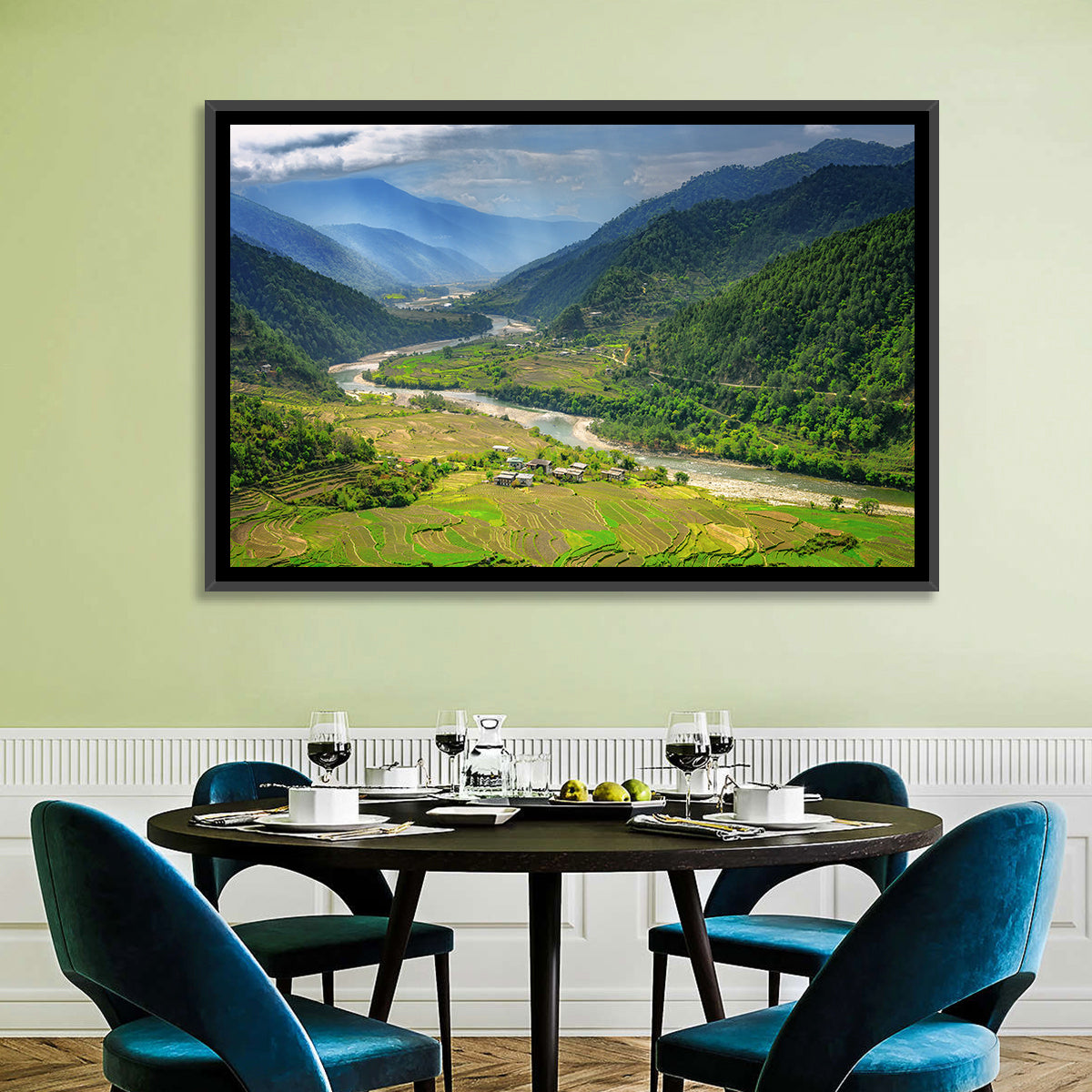 Punakha River Valley with Terraced Rice Fields Wall Art in a room, landscape
