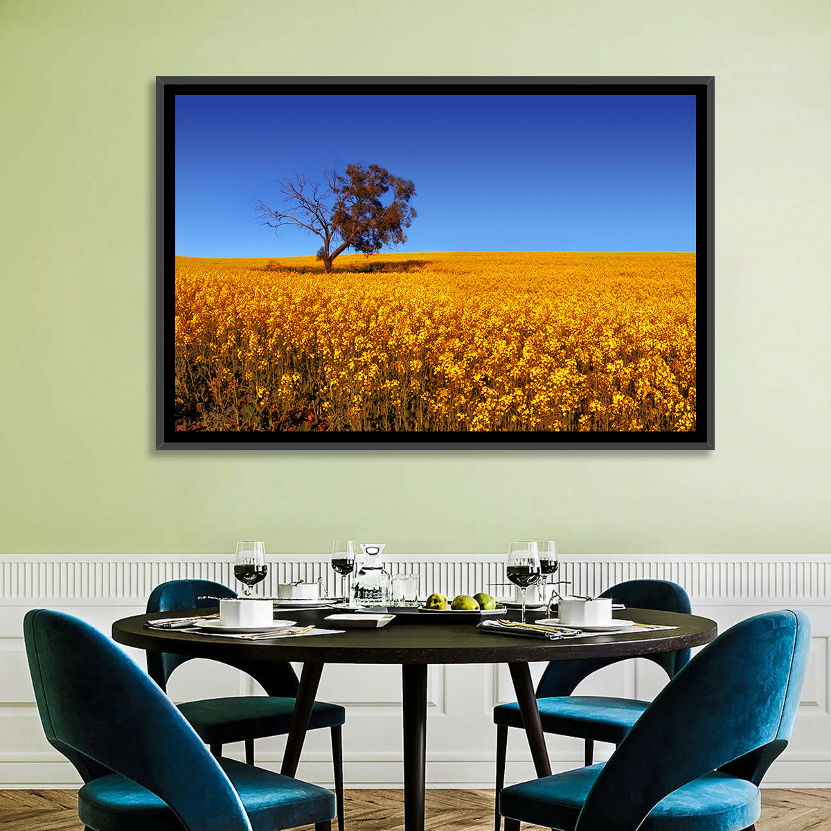 Canola Field with Lone Tree Wall Art in a room, landscape