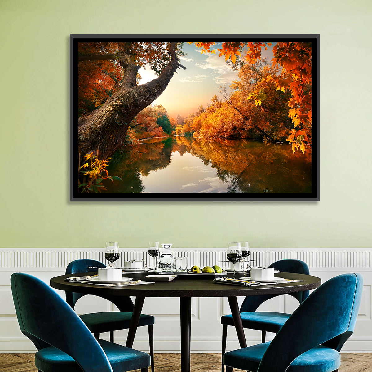 Golden Autumn River Reflections Wall Art in a room, landscape