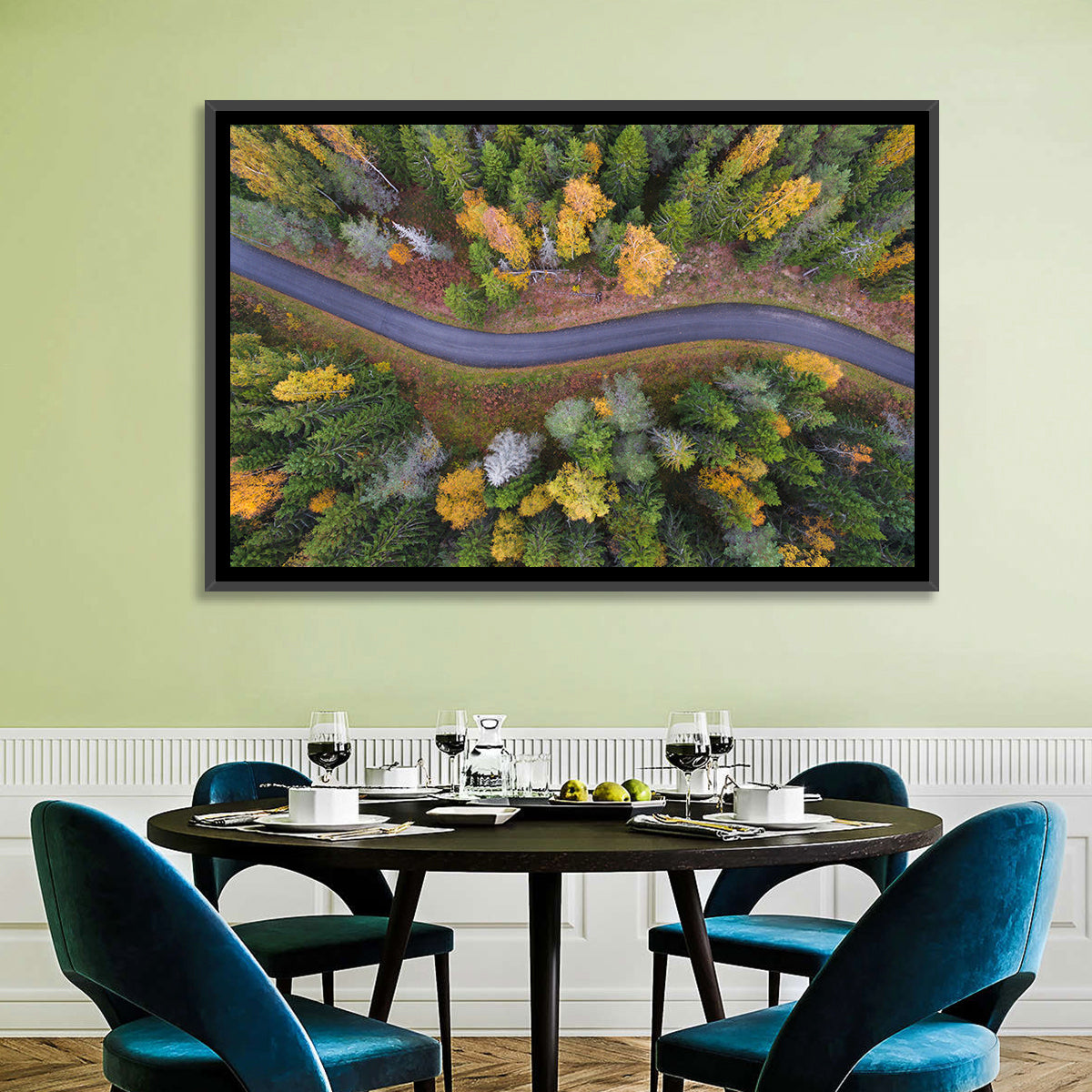 Aerial Autumn Forest Road Wall Art in a room, landscape