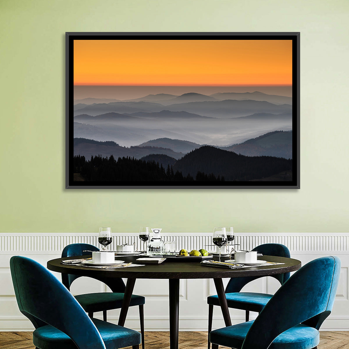 Rarau Mountains Sunrise Wall Art in a room, landscape