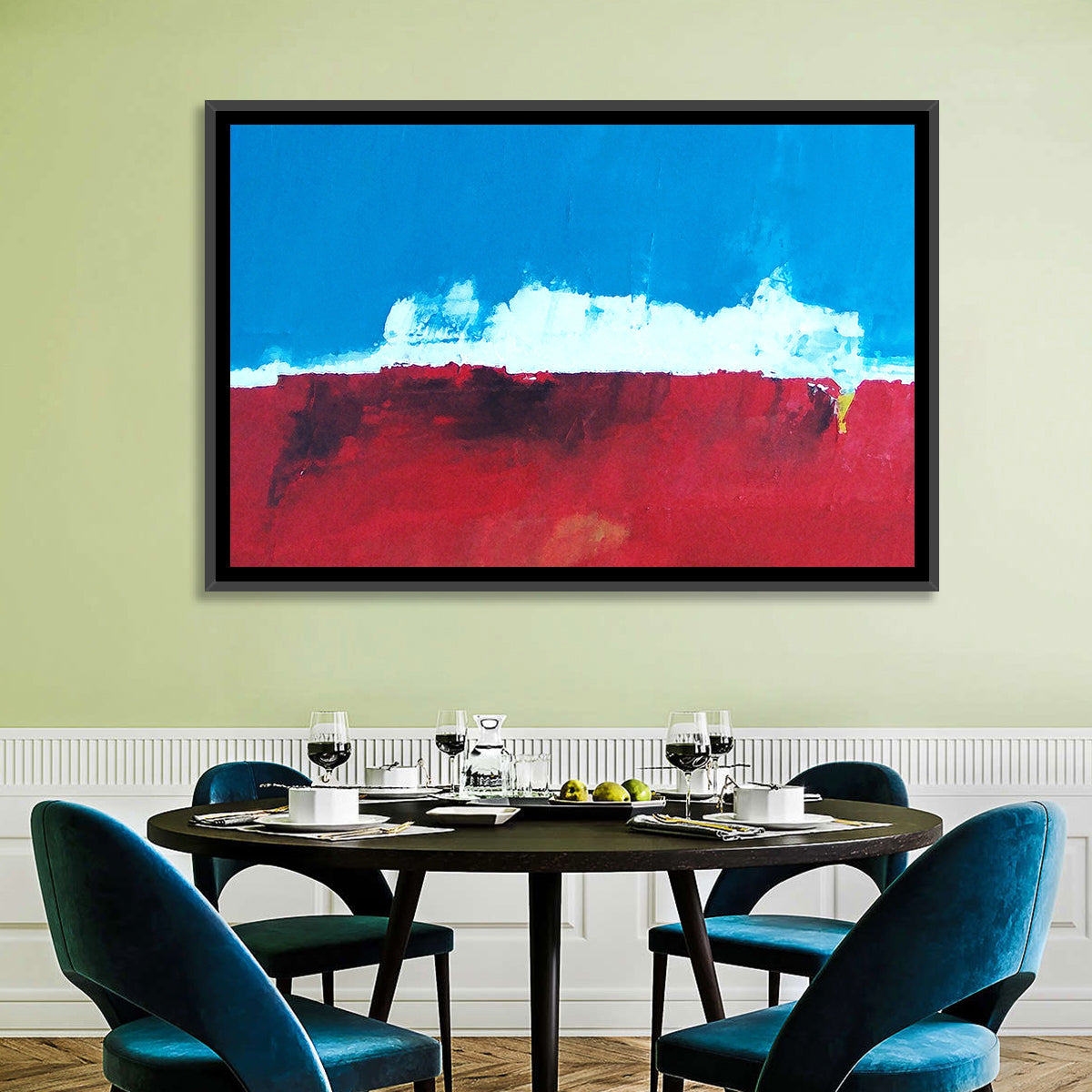 Ocean Horizon Abstract Wall Art in a room, landscape
