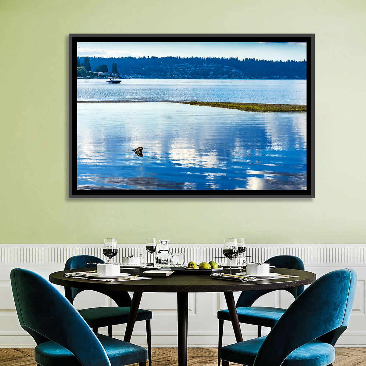 Lake Sammamish Reflection Wall Art in a room, landscape