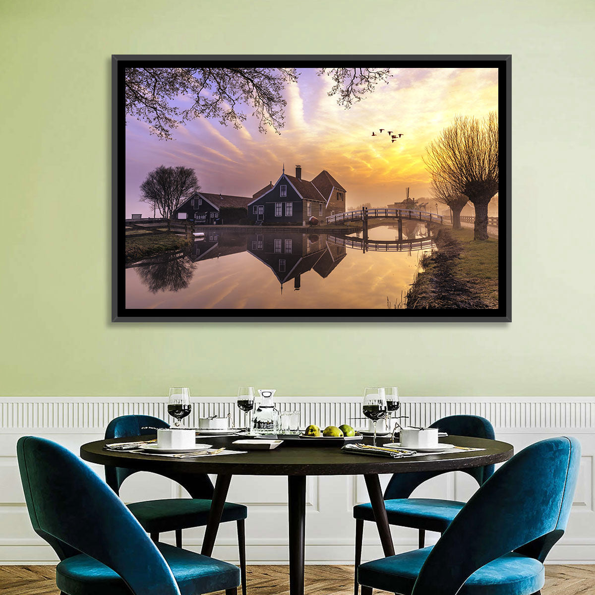 Dutch Canal House at Sunset Wall Art in a room, landscape