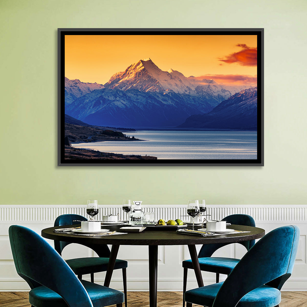 Aoraki Mount Cook Over Lake Pukaki Wall Art in a room, landscape