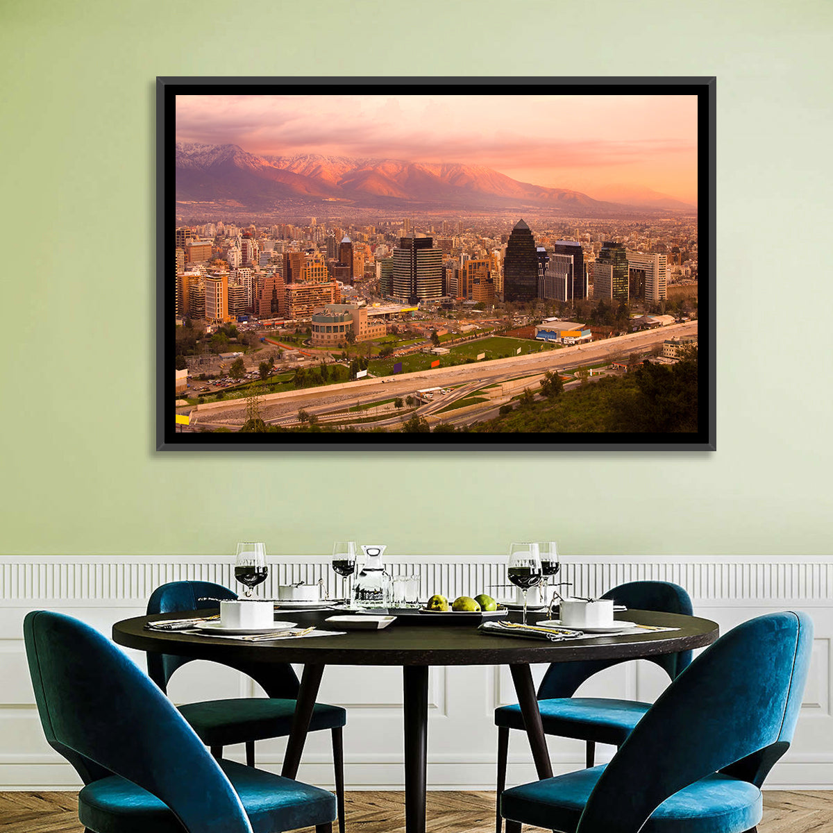 Santiago Skyline at Sunset Wall Art in a room, landscape