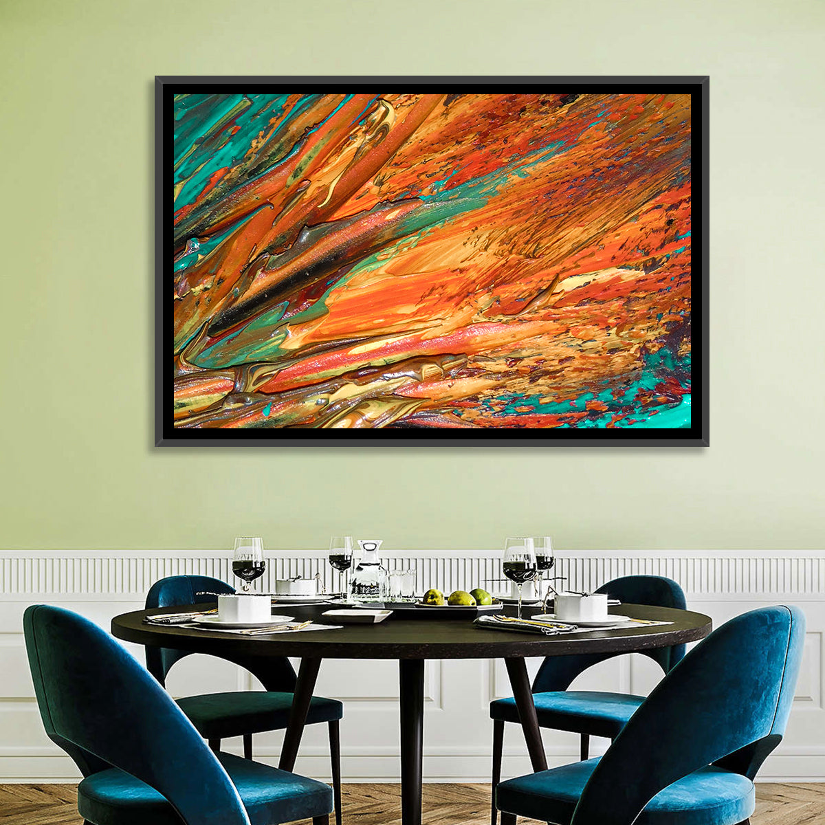 Flowing River Abstract in Orange and Teal Wall Art in a room, landscape