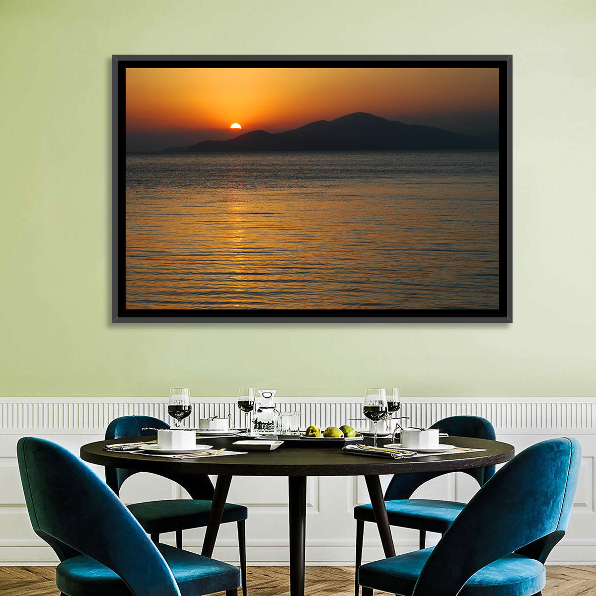 Lake Sevan Sunset Reflection Wall Art in a room, landscape