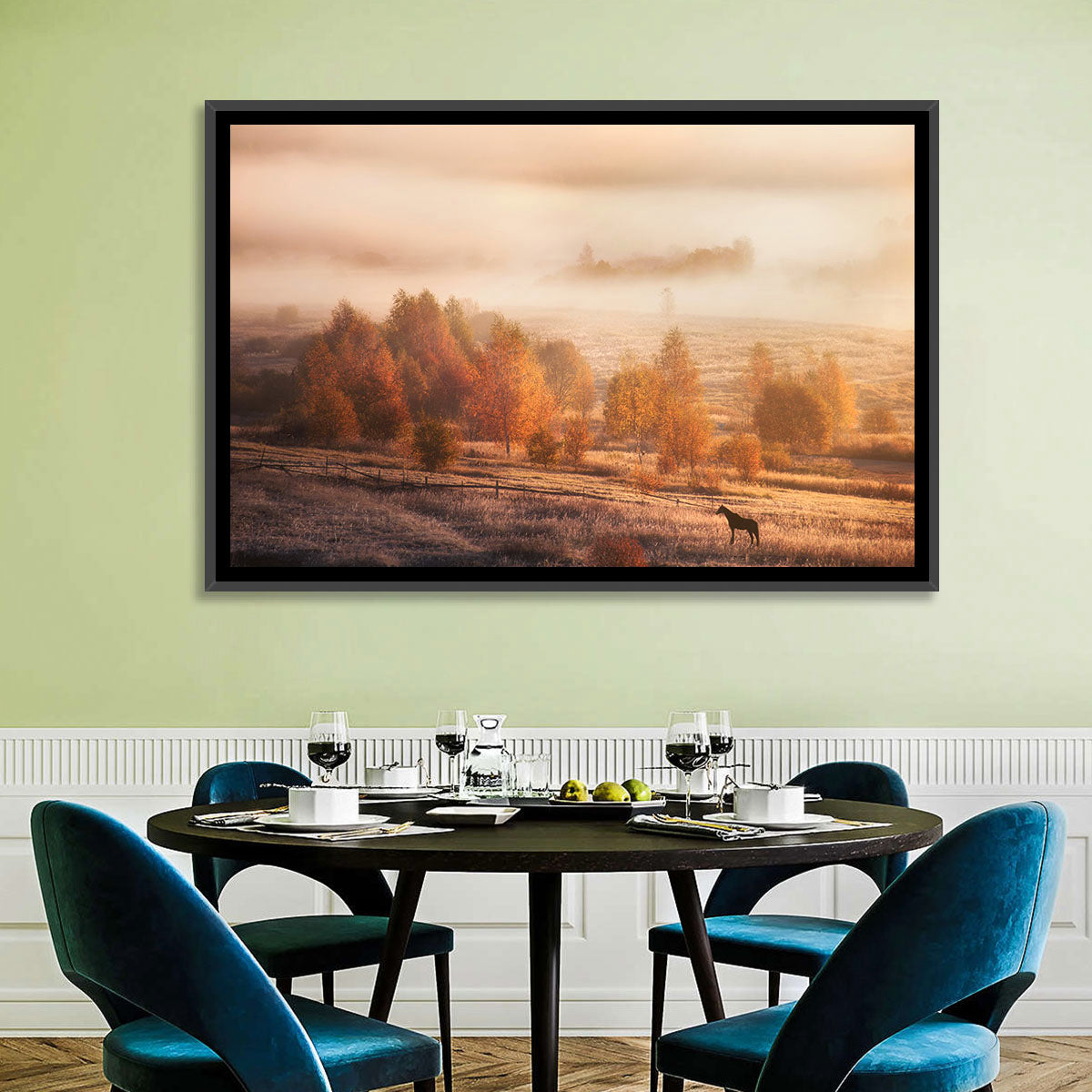 Autumn Morning Horse Silhouette Wall Art in a room, landscape