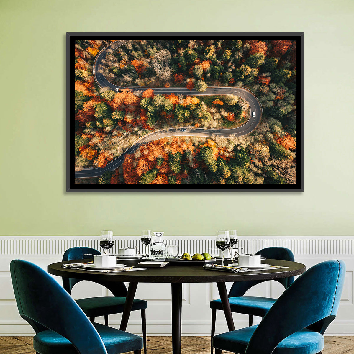 Aerial Winding Autumn Forest Road Wall Art in a room, landscape