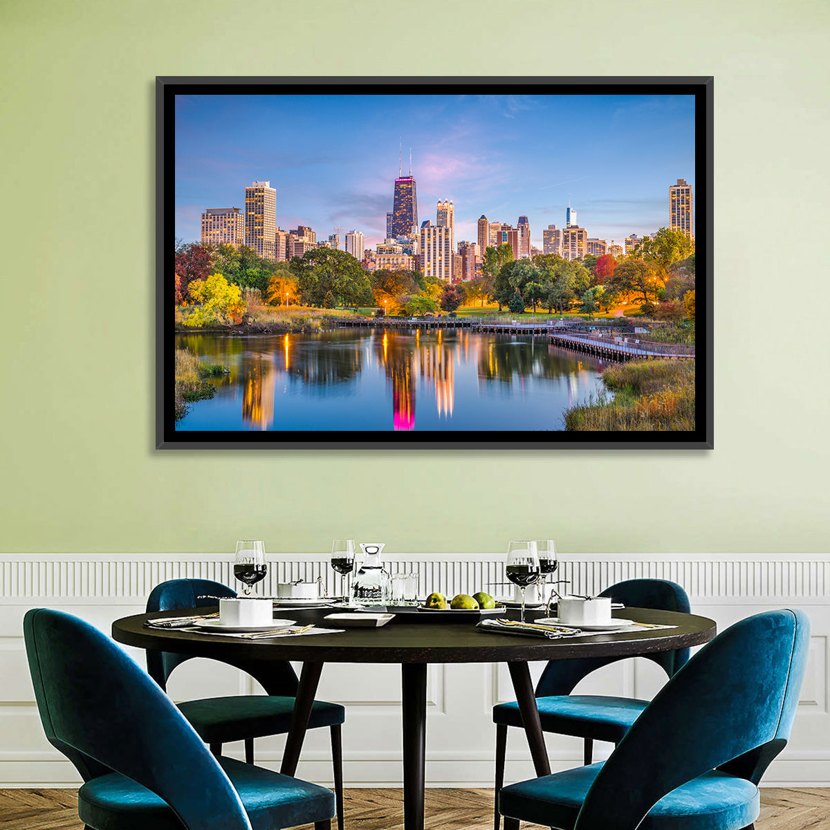 Chicago Skyline at Twilight Wall Art in a room, landscape