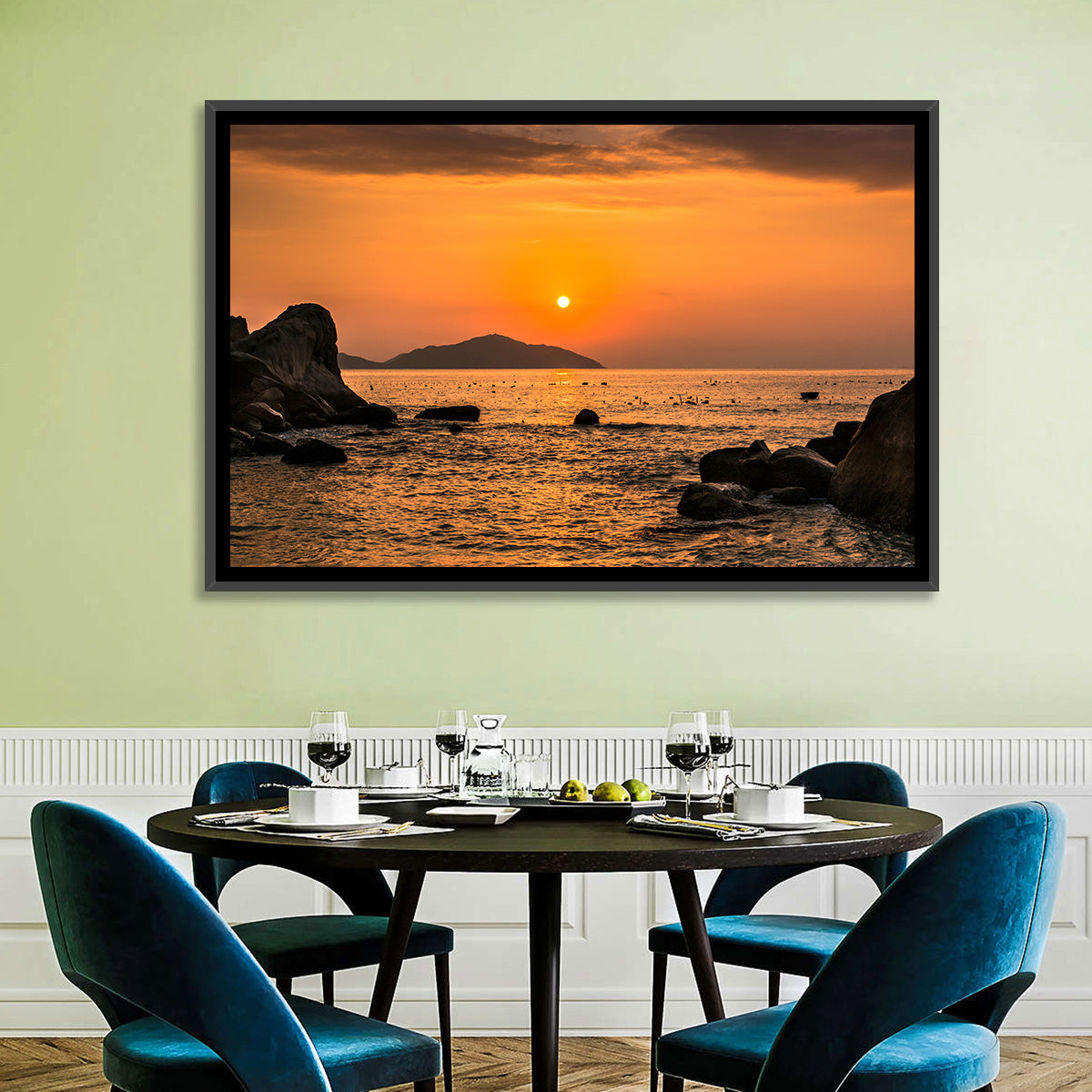 Orange Sunrise Over Rocky Coast Wall Art in a room, landscape