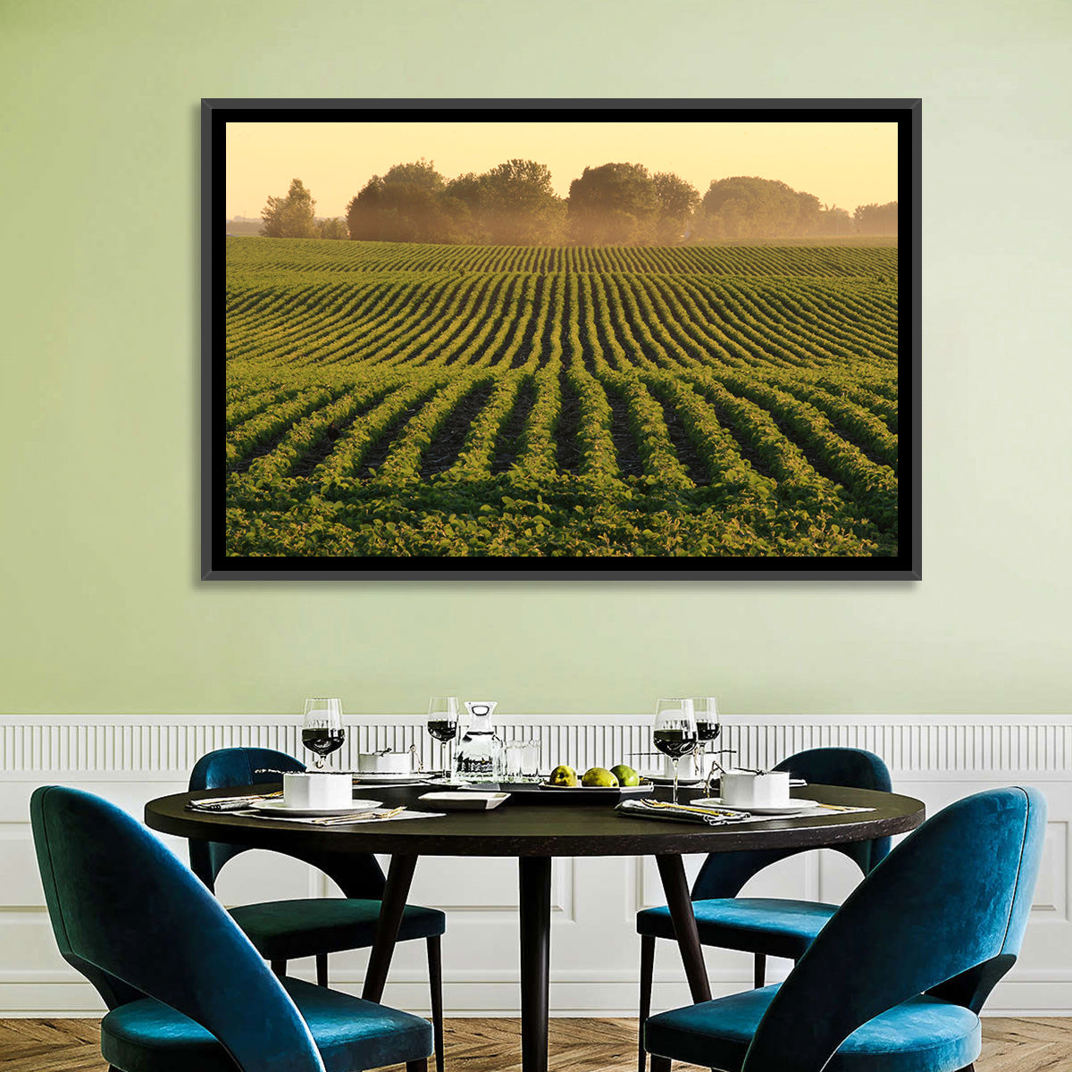 Misty Soybean Field at Dusk Wall Art in a room, landscape
