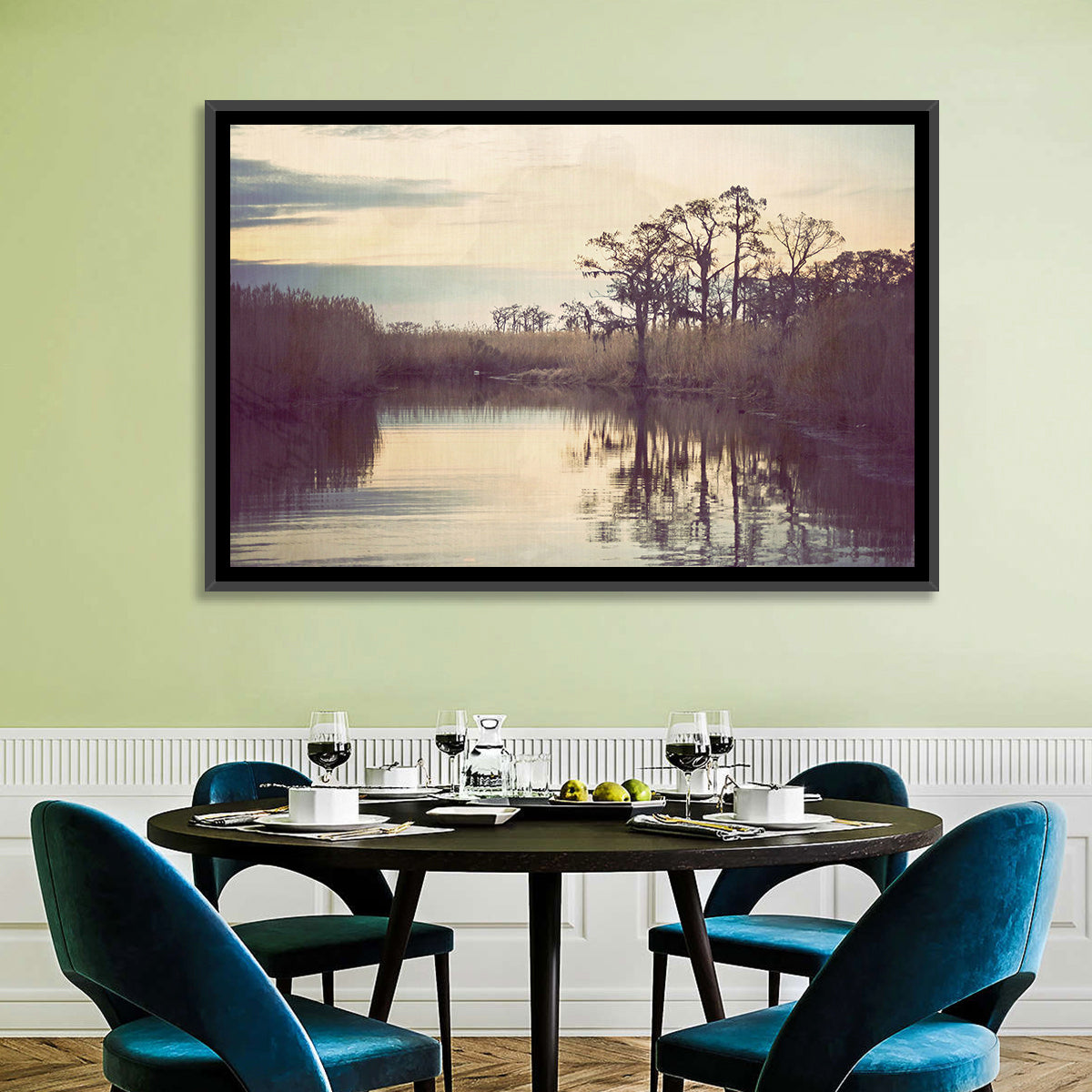 Louisiana Cypress Swamp at Dusk Wall Art in a room, landscape