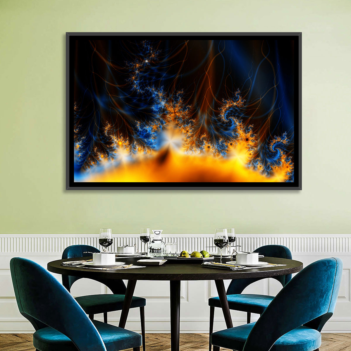 Solar Flare Fractal Flame Wall Art in a room, landscape