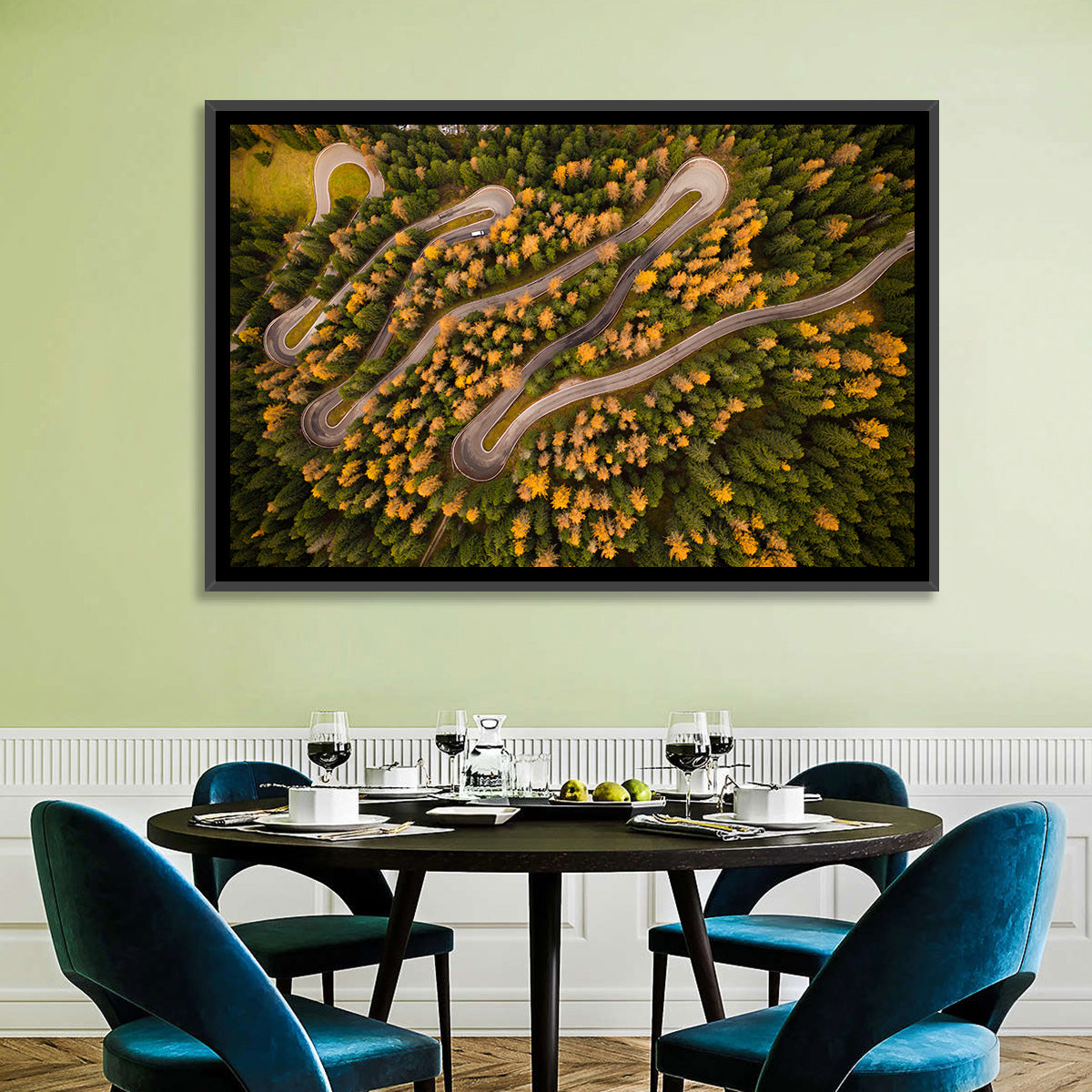 Aerial Curvy Forest Road Wall Art in a room, landscape